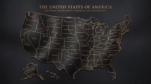 Minimalist black and white illustration of the United States map with detailed state boundaries