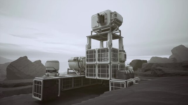 Modular industrial rover on barren landscape, stacked container modules and tracked chassis, heavy machinery elements, remote desert plateau under overcast sky,