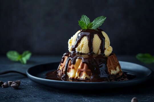 Chocolate covered waffle with vanilla ice cream and mint on plate