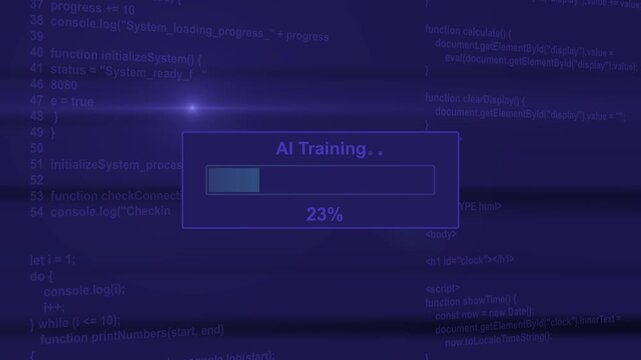 AI training machine learning model optimization progress bar animation loop with percentage loading box on dark code background asset