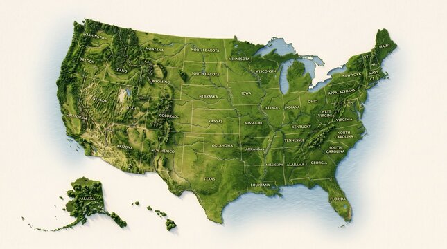 Detailed 3D illustration of United States forest coverage map with green vegetation density