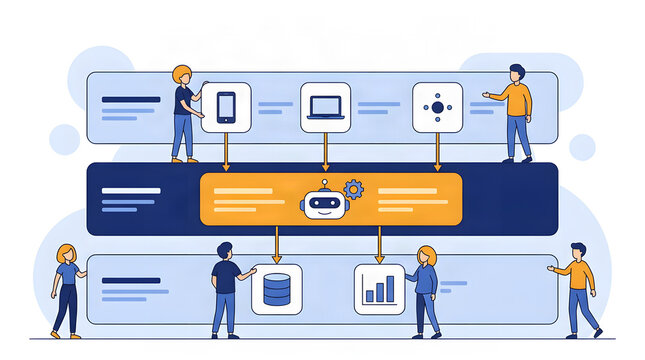 AI integration diagram and AI workflow diagram of an API middleware hub connecting phone, laptop and IoT sensors to a database and analytics chart with people, flat vector illustration