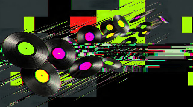 A dozen black vinyl records with neon green magenta and yellow labels flying through a datamosh glitch electronic music poster background with pixel distortion