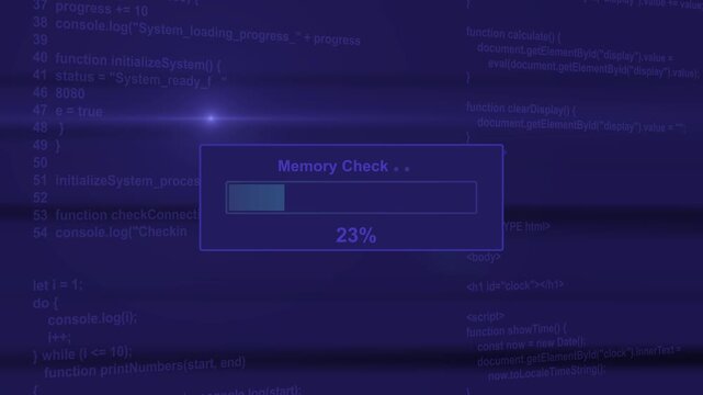Memory check system hardware diagnostic progress bar animation loop with percentage status box on dark code background asset