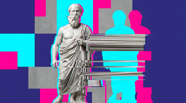 Ancient greek philosopher statue torn apart by a pixel stretch glitch on a magenta and cyan background cyberpunk contemporary art poster with copy space