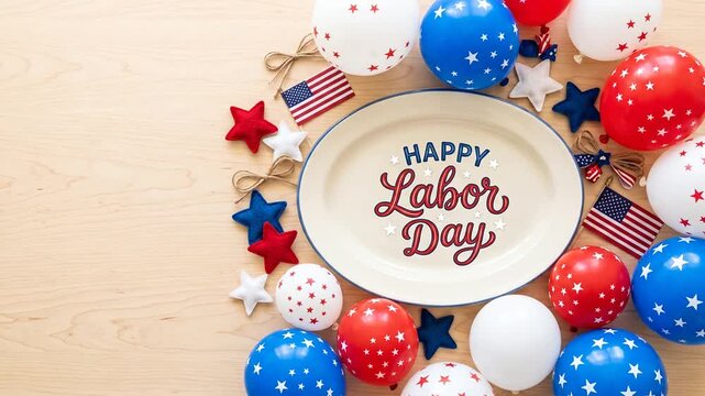 Festive Labor Day celebration flat lay with patriotic balloons and plate