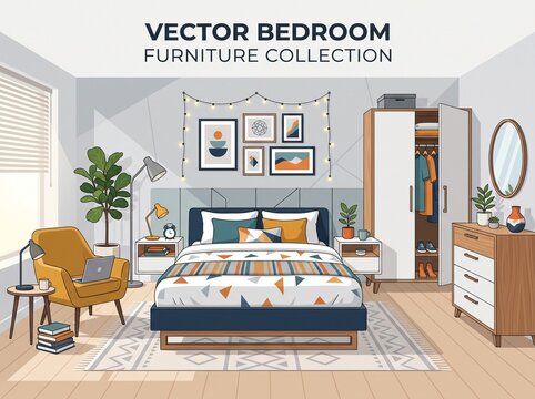 Modern bedroom interior with furniture and decor elements
