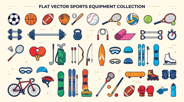 flat vector sports equipment icon set