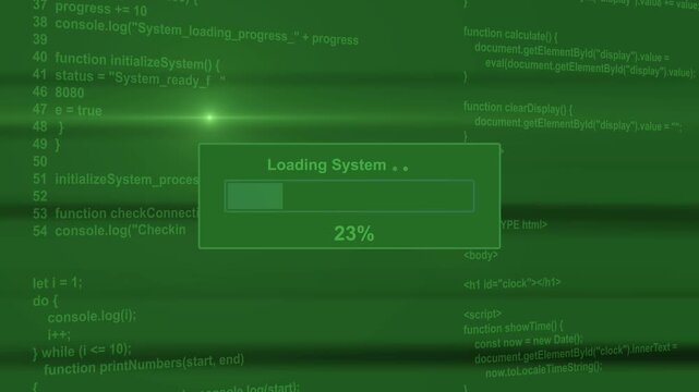 Loading system progress bar animation loop with percentage status box on dark blue programming code background visual asset