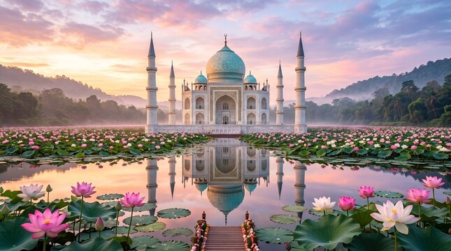 Majestic monument reflected in lotus pond at dawn