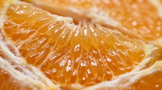 Macro close up shot of juicy fresh orange fruit segments texture