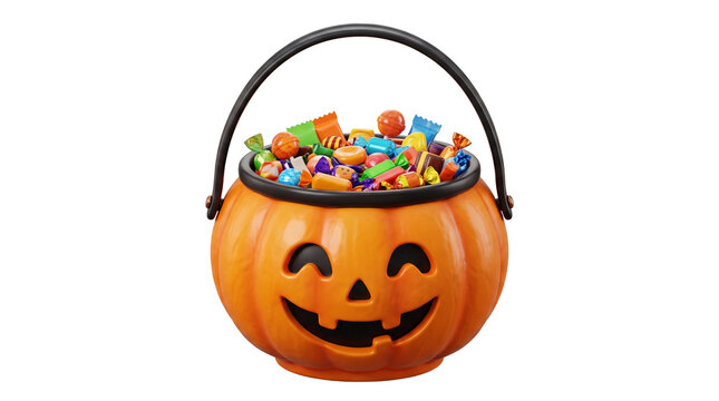 Halloween pumpkin bucket overflowing with assorted colorful candies PNG Isolated on transparent background