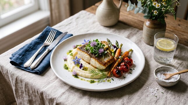Pan seared white fish fillet with mashed potatoes and roasted vegetables
