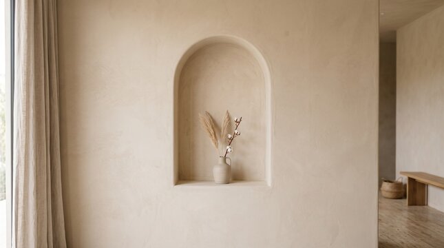 Minimalist beige wall with arched niche and dried flower vase