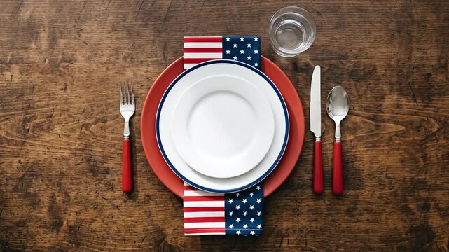 Patriotic Table Setting With Red Plates And Napkin On Wooden Table