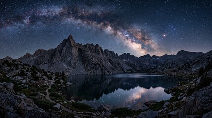 Milky Way galaxy over mountain lake at night