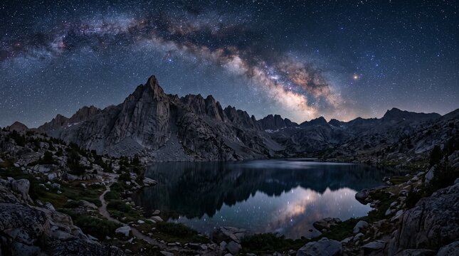 Milky Way galaxy over mountain lake at night