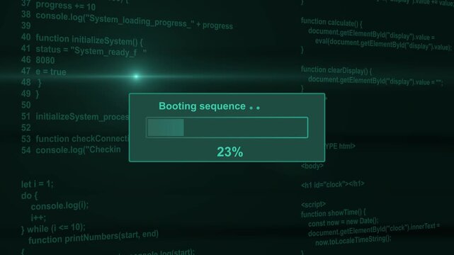 Booting sequence system startup progress bar animation loop with percentage loading box on dark programming code background asset