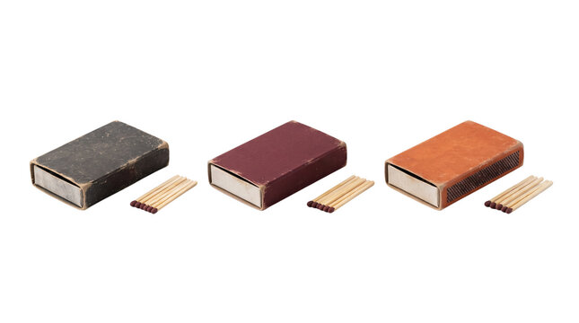 Vintage-style blank matchboxes with wooden matches isolated on white background, atmospheric Halloween elements for creative design.