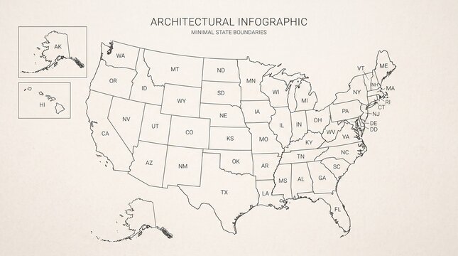 Minimalist architectural infographic map showing US states with historic building styles