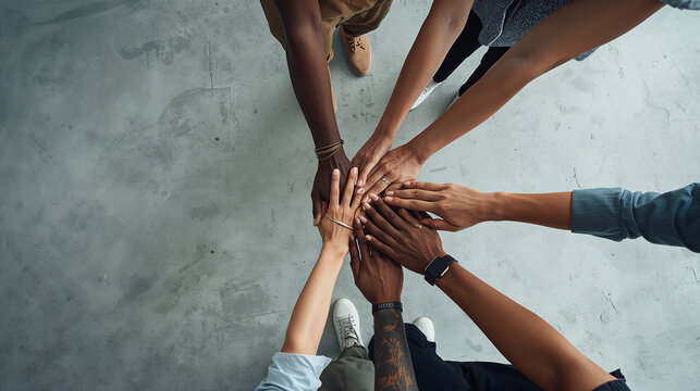 Diverse Group of People Stacking Hands in a Circle, High Angle View of Teamwork and Unity Concept