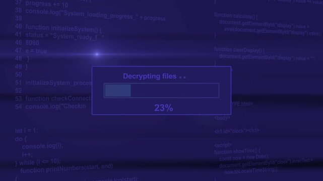 Decrypting files data security progress bar animation loop with percentage status box on dark code background visual asset