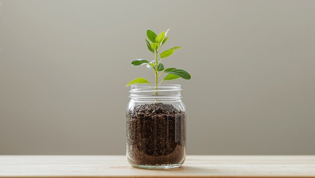 Generative AI depicts a young plant growing in a glass jar with soil