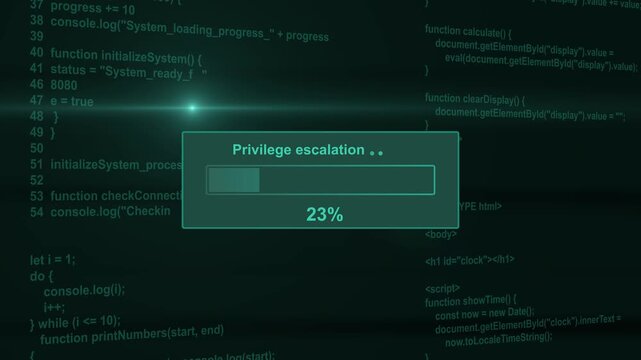 Privilege escalation cyber security exploit progress bar animation loop with percentage status box on dark code background asset