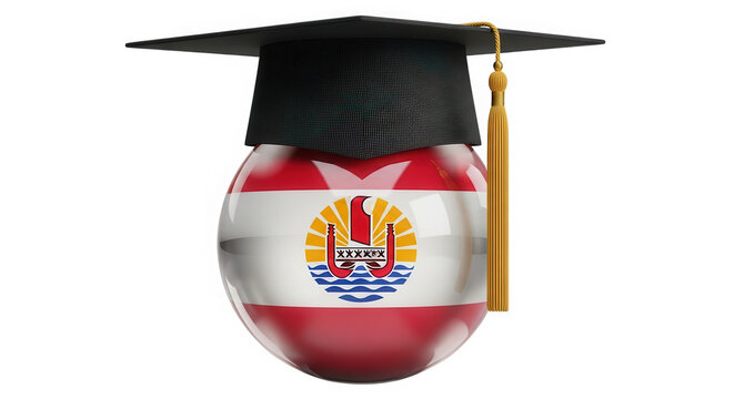 French polynesia flag as a sphere wearing a black graduation cap isolated on transparent background