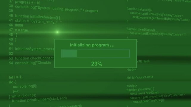 Initializing program system loading bar animation loop with percentage progress box on dark programming code background visual asset