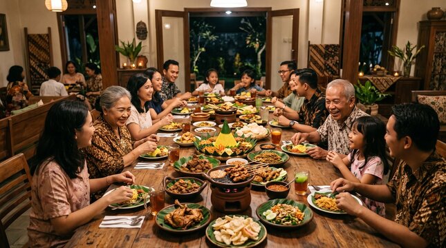 Indonesian family gathering for traditional dinner with tumpeng rice