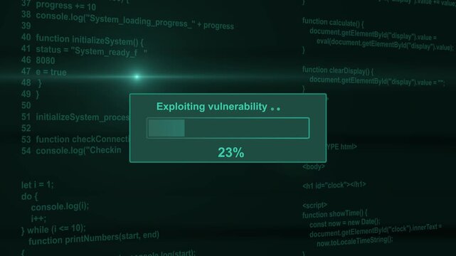 Exploiting vulnerability cyber threat progress bar animation loop with percentage loading box on dark programming code background asset