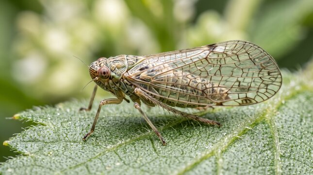 Macro shot of a planthopper insect on a green leaf