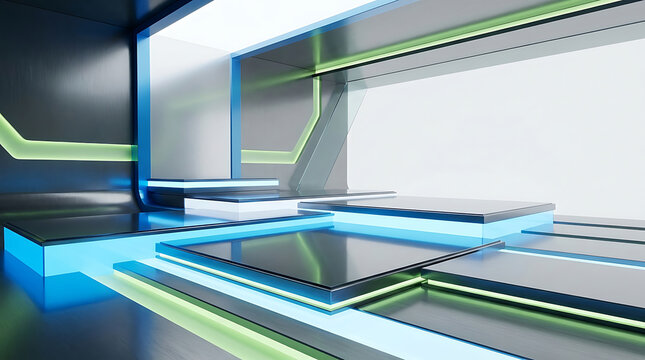 Futuristic interior stage with glowing blue and green neon lights and metallic geometric platforms
