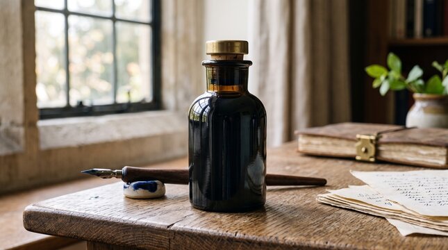 Vintage ink bottle and dip pen on a wooden desk