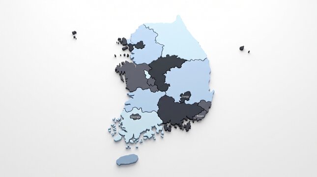 Minimalist 3D map illustration of South Korea with shaded regions and isolated islands