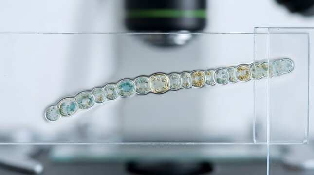 Microscopic View of Nostoc Cyanobacteria Filament in Water