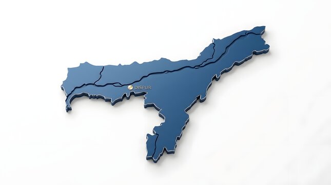 3D Blue Map Silhouette of the Indian State of Assam on White Background.