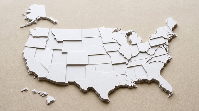 Minimalist white puzzle map of all US states on neutral background