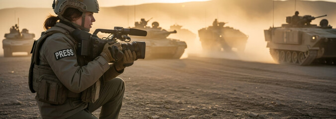 Naklejka premium Female journalist filming military vehicles in desert. War correspondent reporting conflict. Journalism documentary, news coverage concept.