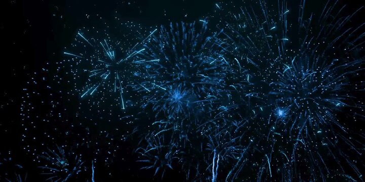 Fireworks background. abstract golden shining glowing fireworks show. Isolated transparent background, Alpha channel ready. Blue fireworks on edge. Bloom of firework with dark background. 