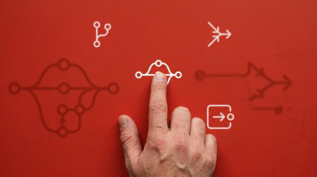 Hand touching digital version control icons on a red background, representing software development, devops workflow, and data management technology.