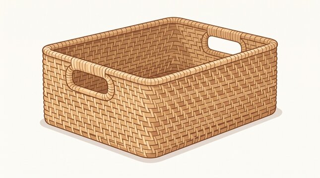 Empty woven wicker storage basket with handles