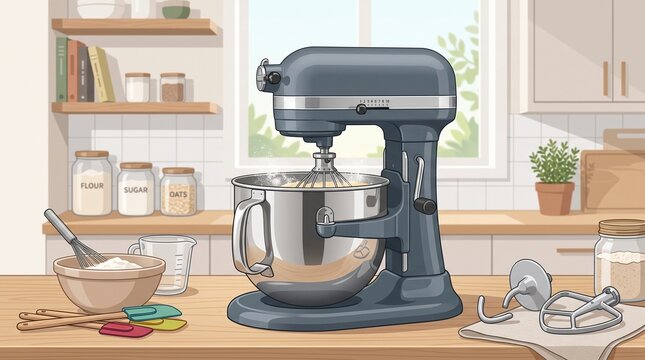 Stand mixer in a cozy modern kitchen interior