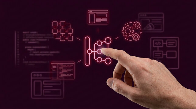 Human hand interacting with digital data management system icons including flowcharts, software code, and processing gears on a dark background.