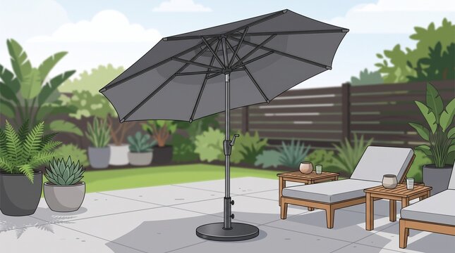 grey patio umbrella on a sunny garden terrace