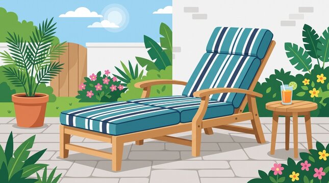 outdoor lounge chair with striped cushion in a sunny garden