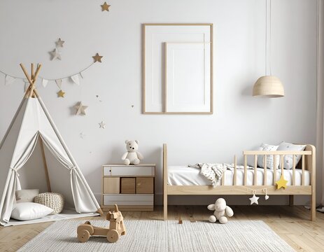 Serene nursery with a teepee, wooden bed, and framed art. Neutral tones create a calming space