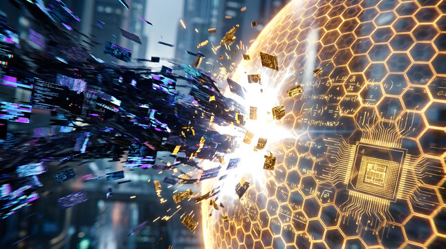 Futuristic Digital Data Explosion and Microchip Shield
