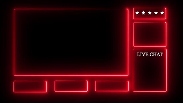 Neon animated intermission stream overlay with hud facecam border, chat frame design for live broadcast visuals. live broadcast visuals. blue color on black background. 4k